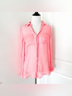 Rebecca Taylor 100% Woven Silk Coral Pink Sheer Button-Down Shirt